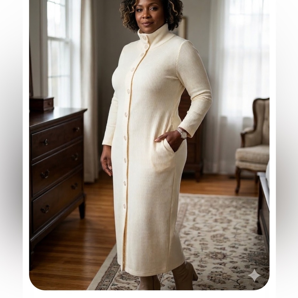 Anthony Richards Cream Ribbed Button-Front Long Knit Dress